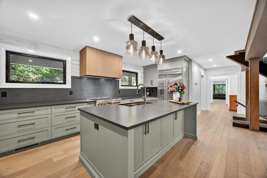 The kitchen of a log home renovated by Legacy North Construction Management. They completely modernized the kitchen. 