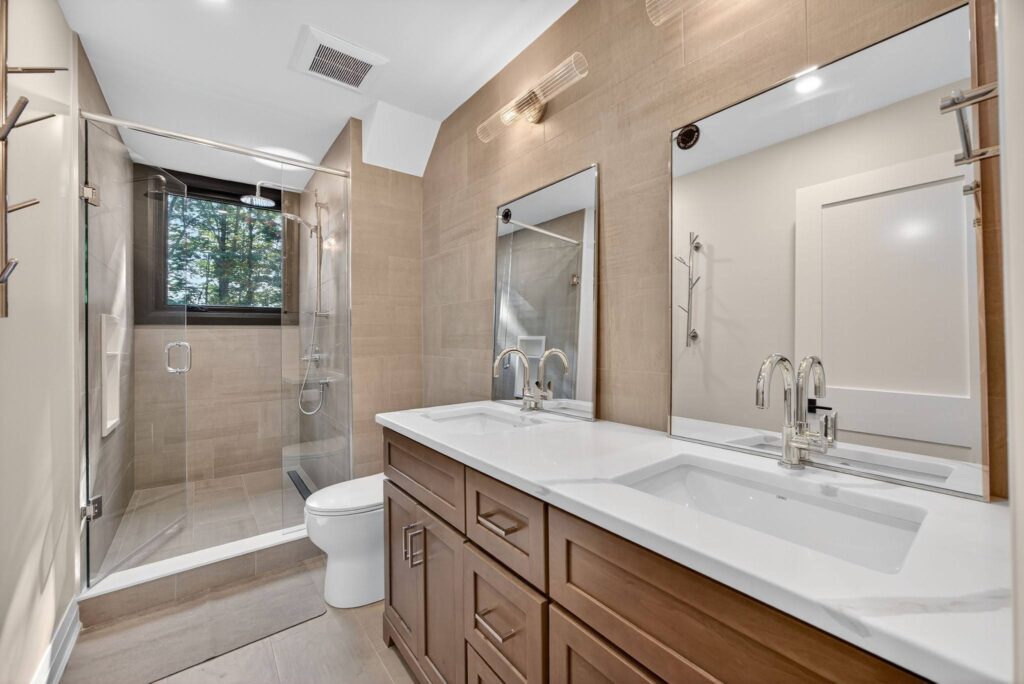 The  bathroom of a log home renovated by Legacy North Construction Management. 